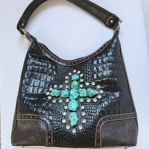 Cowgirl Western Turquoise Cross Faux Leather Croco-like Bag
